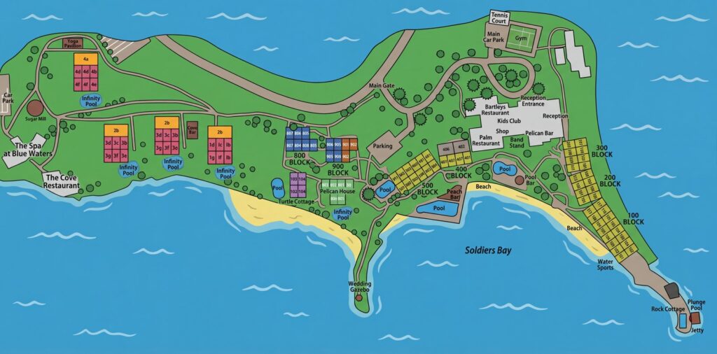 Карта отеля Unveiling Paradise: Your Insider's Guide to Blue Waters Resort & Spa Antigua
