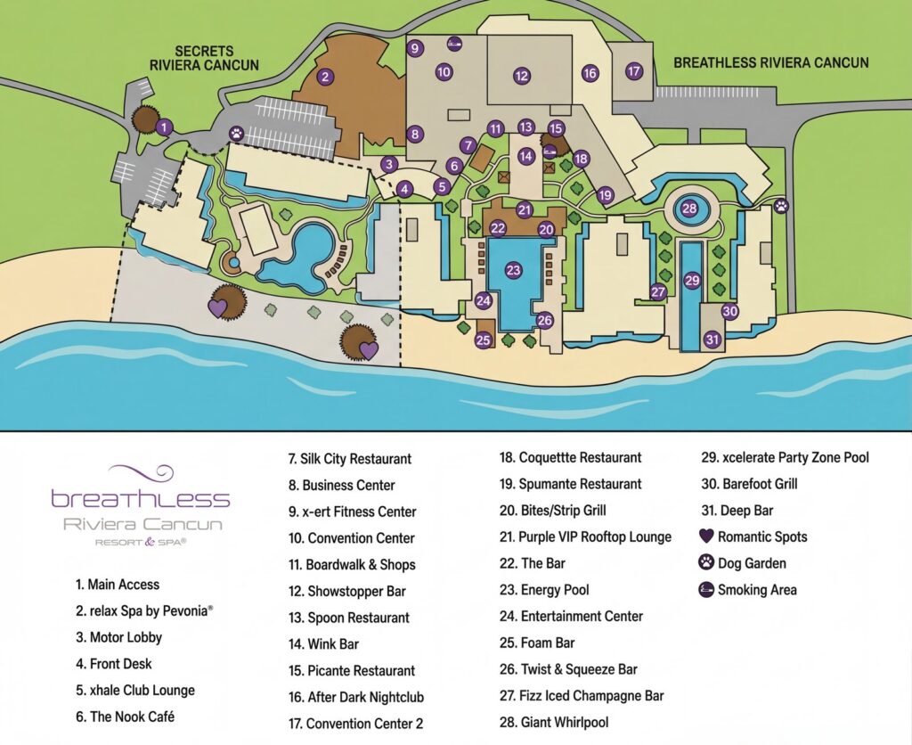 Карта отеля Breathless Riviera Cancun Resort & Spa Map Guide: Your Insider's Layout for Ultimate Fun & Relaxation