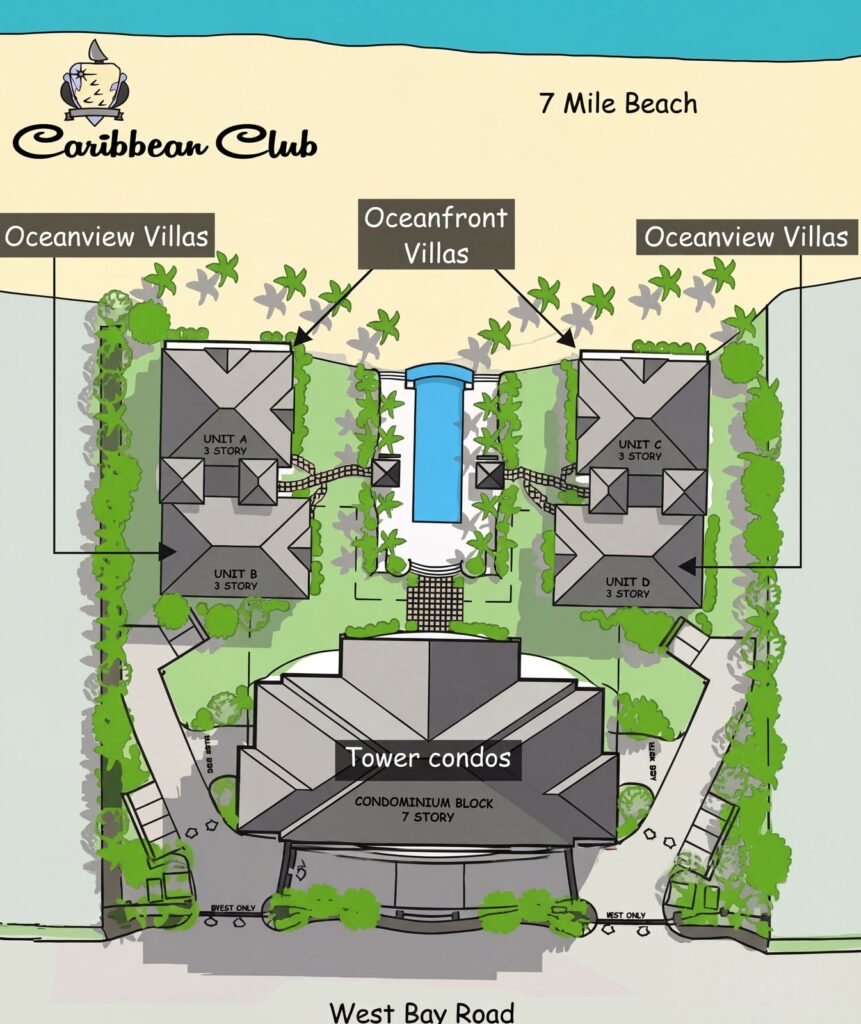 Карта отеля Caribbean Club Luxury: Your Insider's Guide to 7 Mile Beach Grand Cayman – Hotel Layout & Resort Map Analysis