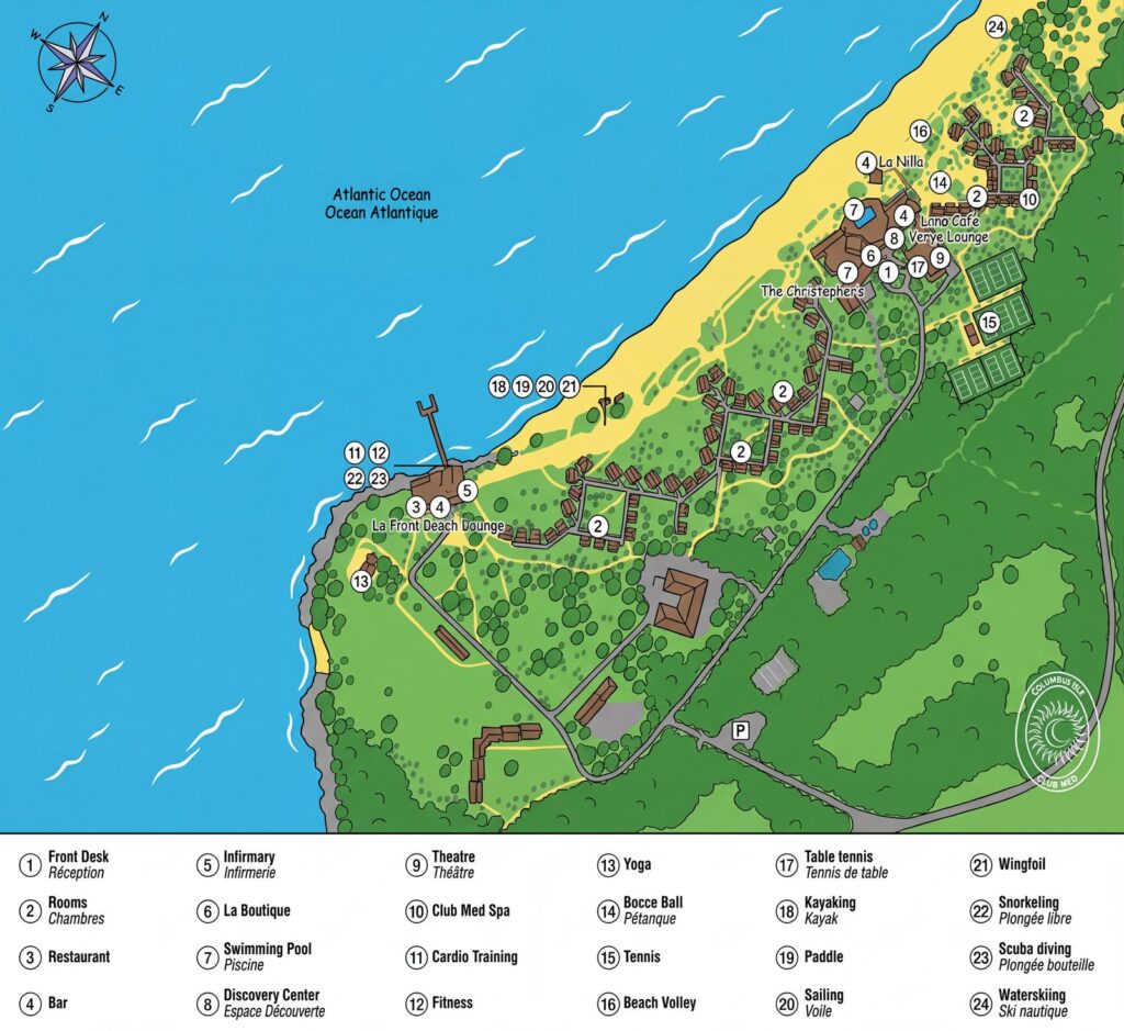 Карта отеля Club Med Columbus Isle Guide: Your Insider's Map to Paradise (Rooms, Dining & Activities)