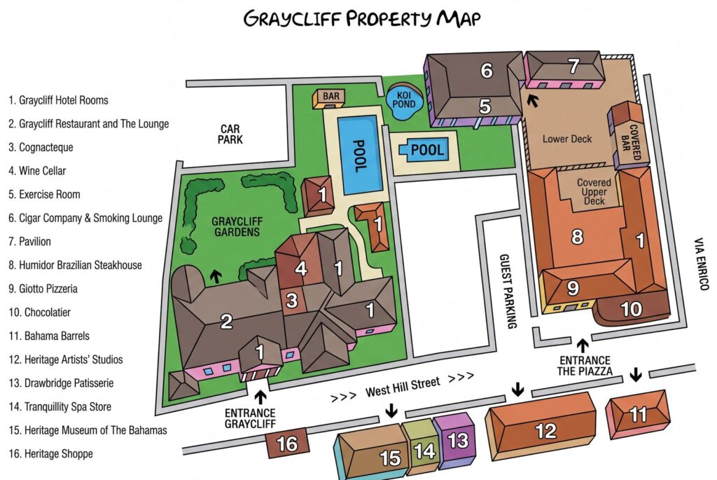 Карта отеля Graycliff Hotel Map Guide: Room Selection, Renovations & Insider Tips