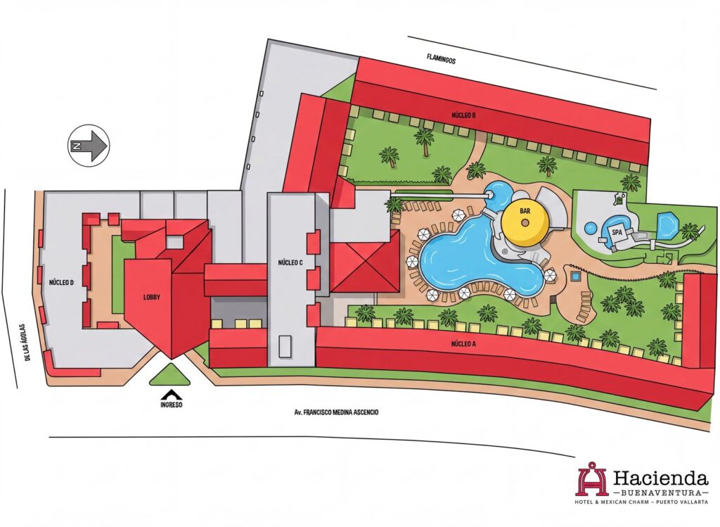 Карта отеля Hacienda Buenaventura Resort Map: Rooms, Pools, and Block Locations