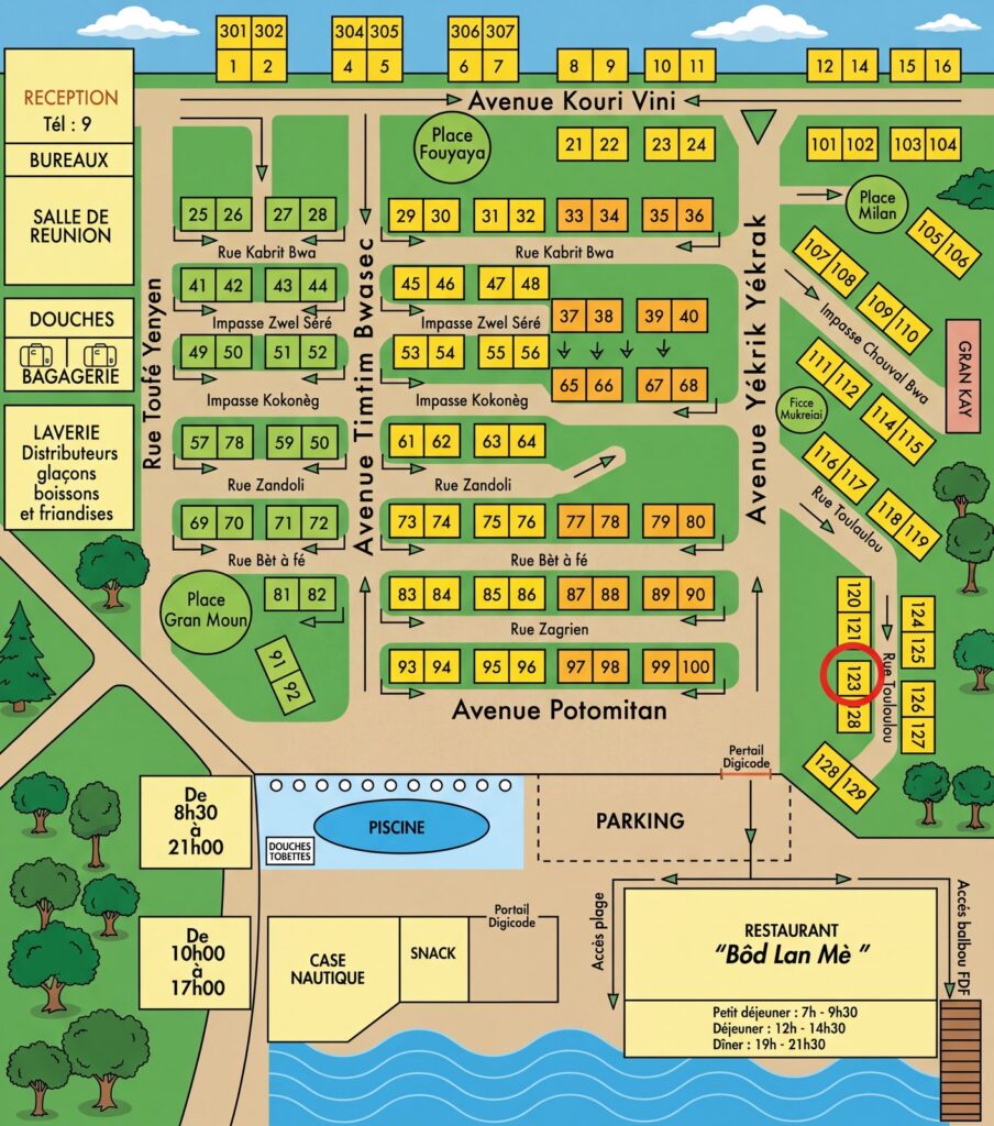 Карта отеля Hotel Bambou Property Map: Bungalow Blocks Near Beach Access and Pool