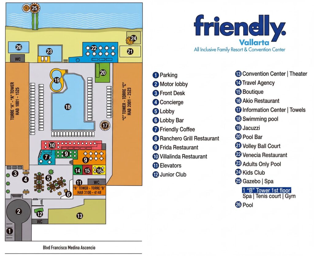 Карта отеля Hotel Friendly Fun Puerto Vallarta Map Guide: Room Locations, Layout & Distances