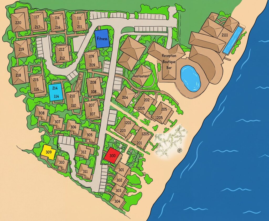 Карта отеля Hotel Manapany Map Guide: Room Locations, Layout & Distances