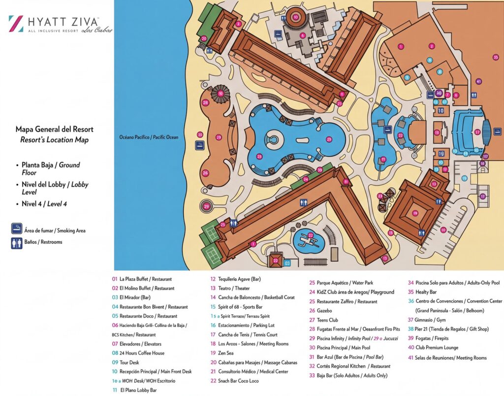 Карта отеля Hyatt Ziva Los Cabos Resort Map: Room Buildings, Pools and Direct Beach Paths
